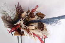 Load image into Gallery viewer, Neutral Dried Bouquet with Pops of Colour, Lotus Pods, Pampas Grass, Fern, Ruscus, Teasels, and Palm Fans