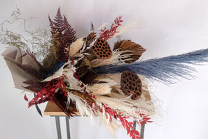 Neutral Dried Bouquet with Pops of Colour, Lotus Pods, Pampas Grass, Fern, Ruscus, Teasels, and Palm Fans