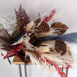 Neutral Dried Bouquet with Pops of Colour, Lotus Pods, Pampas Grass, Fern, Ruscus, Teasels, and Palm Fans