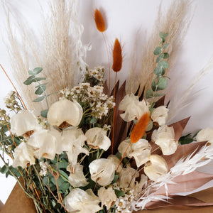 Neutral Dried Flower Bouquet with Bougainvillea, Eucalyptus, Pampas Grass, Bunny Tails, Daisies, and Palm Fans