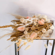 Load image into Gallery viewer, Soft Pale Dried Flower Bouquet with Teasels, Pampas Grass, Straw Flowers, Scabiosa Pods, Wheat Grasses, Bunny Tails and Moon Flower.