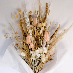 Soft Pale Tones Dried Floral Bouquet with Straw Flowwrs, Wheat, Lunaria, Oat Grass, Scabiosa Pods and Teasels