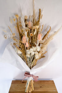 Soft Pale Tones Dried Floral Bouquet with Straw Flowwrs, Wheat, Lunaria, Oat Grass, Scabiosa Pods and Teasels