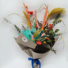 Load image into Gallery viewer, Colourful Dried Flower Bouquet with Pampas, Palm Fans, Eucalyptus, Euryngium, Yarrow, and Craspedia