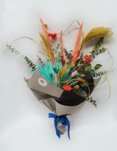 Load image into Gallery viewer, Colourful Dried Flower Bouquet with Pampas, Palm Fans, Eucalyptus, Euryngium, Yarrow, and Craspedia