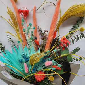 Colorful Dried Flower Bouquet With Eucalyptus, Pampas, Palm Fans, Billy Balls, and Bunny Tails