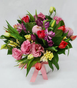 Large Spring Vase Arrangement with Lisianthus, Hyacinths, Tulips, and Chrysanthemums