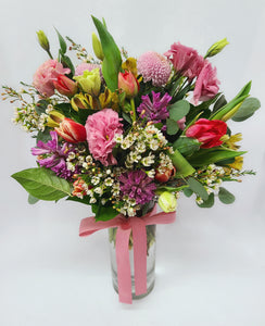 Spring Vase Arrangement with Lisianthus, Wax Flower, Hyacinths, Tulips and Alstromeria