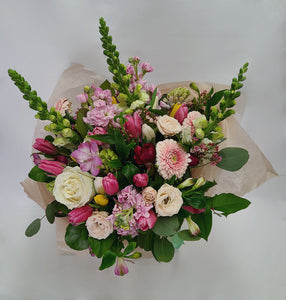 Spring Flower Arrangement with Snapdragons,  Roses and Tulips